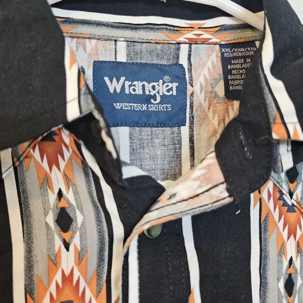 Vintage Wrangler Shirt Boys XXL Black/Orange Aztec Pearl Snap Southwestern Youth